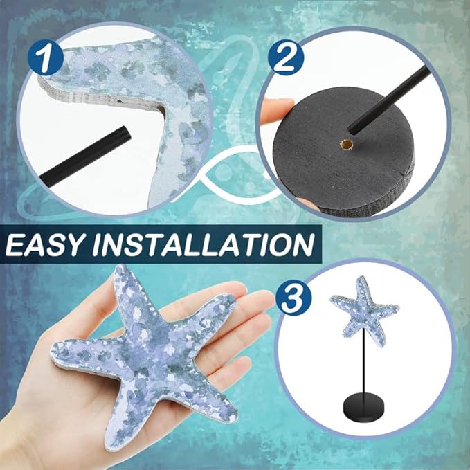 Maitys 3 Pcs Sea Table Decor Coastal Turtle Starfish Decor Ocean Beach Centerpieces Nautical Standing Block Wooden Centerpiece Sign for Summer Holiday Seasonal Home Kitchen