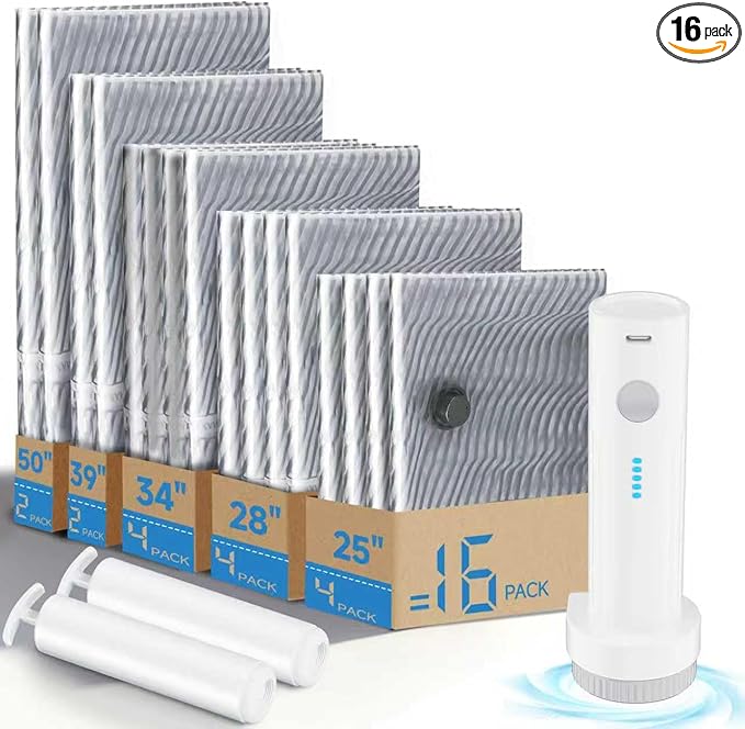 16 PCS Vacuum Seal Bags for Clothing with Electric Air Pump, Compression Space Saver, Vacuum Storage Bags for Luggage, Travel, Blankets, Pillows, Bedding and Moving, Hand Pump Included