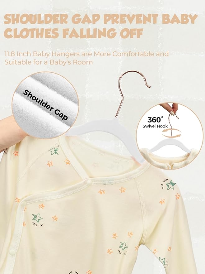 Smartor 11.8" Premium Baby Hangers Velvet for Closet 50 Pack, Durable Kids Felt Hangers Non Slip for Toddler, Baby Clothes Hangers for Childrens on Closet Storage (Rose Gold Hook)- White