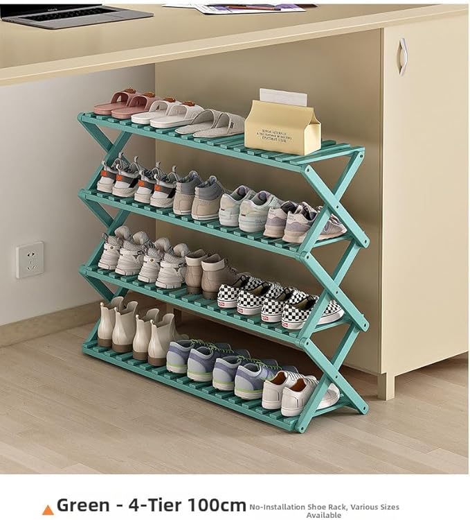 Bamboo Shoe Rack Organizer, 2-10 Tiers, Natural or Tea Color, No-Tool Assembly, Foldable Storage Shelf (Gem Green 4-Storey 100)