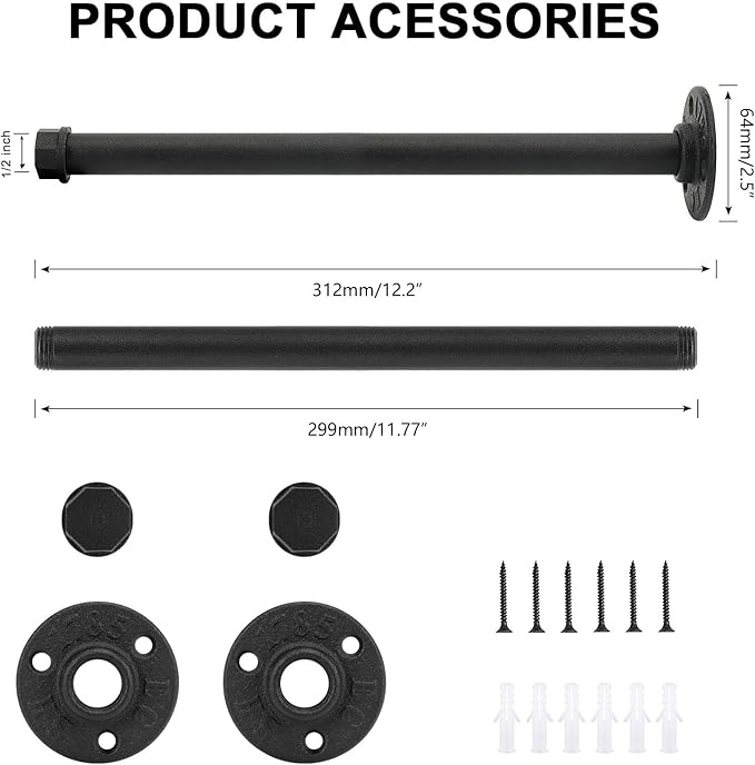 2 Pcs 12 Inch Industrial Pipe Clothes Rack DIY Wall Mounted, Heavy Duty Rustic Vintage Clothing Rod, Metal Garment Bar Multi-Purpose Hanging for Bedroom, Bathroom, Cabinet and Laundry Room
