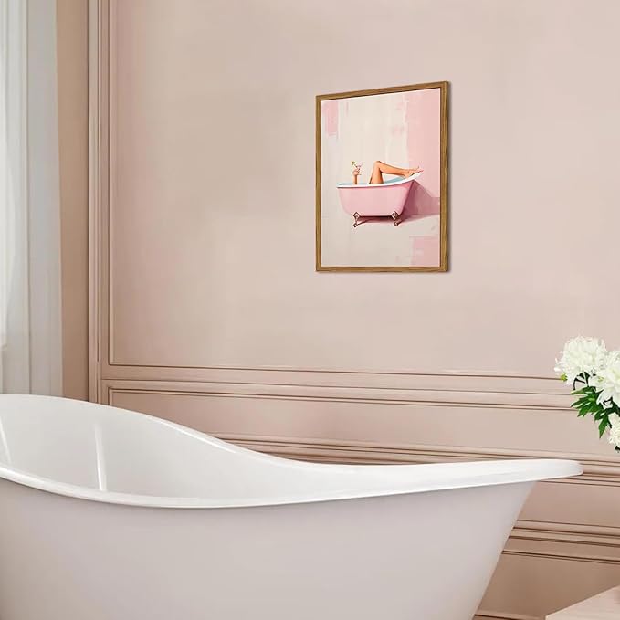 Funny Pink Girl Bathroom Wall Art, Cute Girly Bathtub Wall Decor Painting Trendy Pastel Woman and Martini Bathroom Poster Canvas Print Artwork 16x24 inch Framed