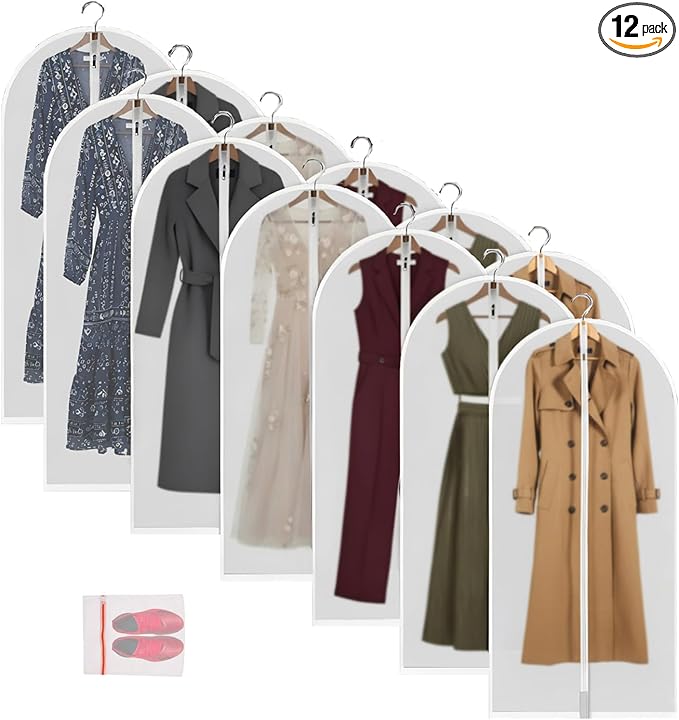 12 Pack Long Garment Bags (24x60") - Dustproof Gown Covers - Durable PEVA Hanging Bags with Sturdy Zipper for Maxi Dresses, Long Coats & Dance Costumes (Translucent)