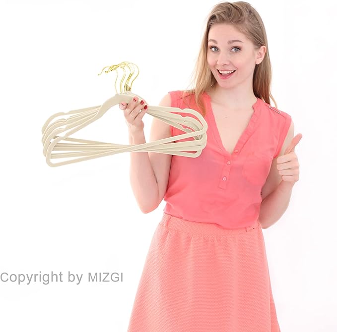 MIZGI Premium Velvet Hangers Pack 30 Pcs Heavyduty - Non Slip Slimline - Velvet Suit Hangers Ivory - Gold Hooks,Space Saving Clothes Hangers