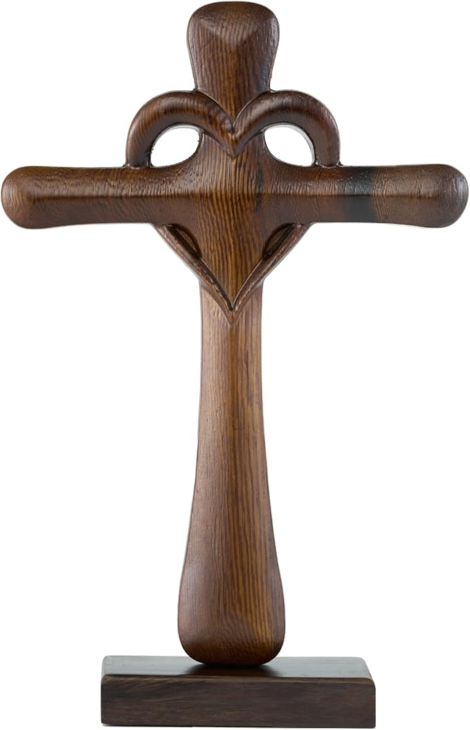 DAICAT - Hand-carved Wooden Cross Wall Decor, 10 Inch Tall Larger Cross for Home Decor, Cross Decor for Wall, Hand made Wood Crosses Wall and Table, Wedding Gifts for Couple (No 5)