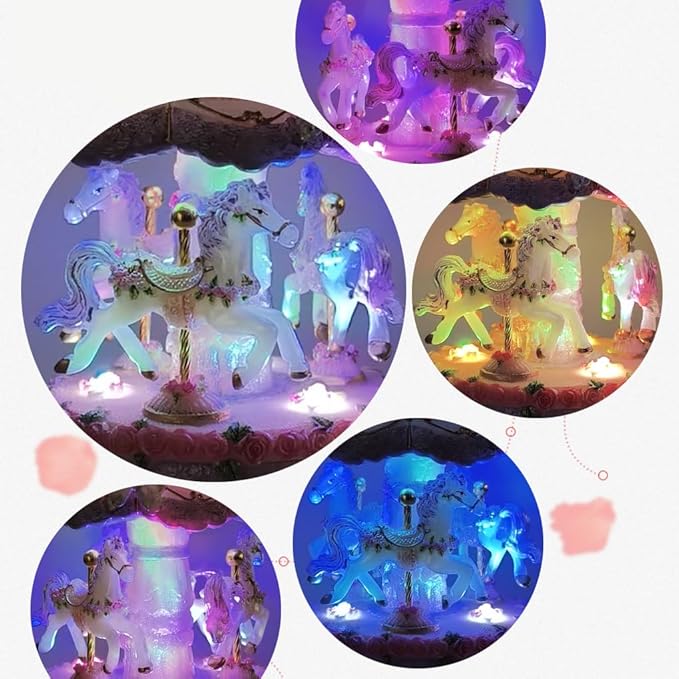 Briskfeel Classical Carousel Horse Music Box, Plays You are my Sunshine, LED lights Twinkling Resin Carved Collectible Mechanical Musical Box with 18-Note (3# Pink Carousel)