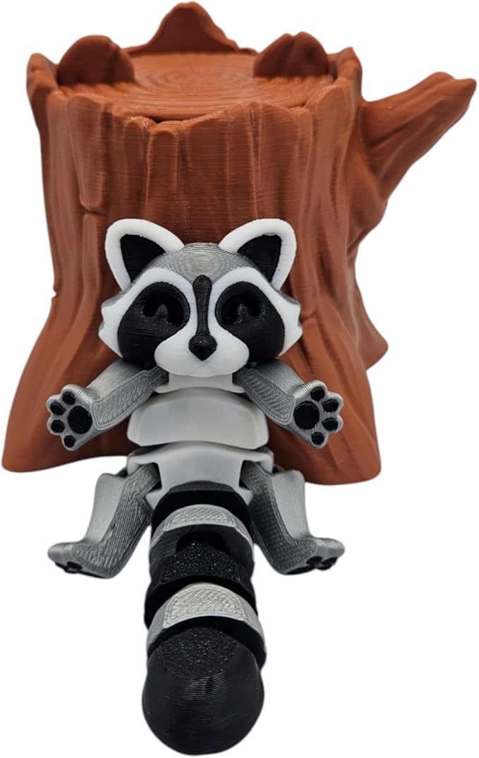 Articulating Animals Raccoon, Fox, Panda, Skunk, Possum with Containers - 3D Printed Articulated Joints ADHD, Autism, Relief Anxiety, Collectible Figurines (Raccoon Tree Stump)