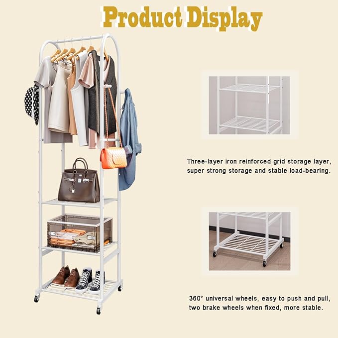 SUOERNUO Clothes Rack With Wheels and 3-Tier Metal Shelves,Clothing Rack For Hanging Clothes With 4 Hooks,Garment Rack Wardrobe Organizer for Small Space,Black (white, 16.54 * 18.23 * 72.05)