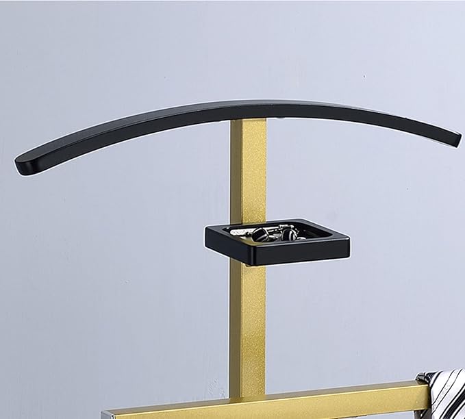 Kings Brand Furniture Vaccaro Metal Suit Valet Stand – Freestanding Clothes Organizer with Jacket Hanger, Pants Bar, Tie Holder & Storage Shelf – Modern Bedroom Garment Rack (Gold/Black)