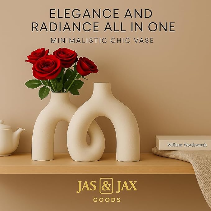 Cream White Decorative Vase Set - Modern Hug Donut Ceramic Vases by JAS & JAX GOODS, Minimalist Boho Style Centerpiece for Console Table, Living Room, Bookshelf, or Fireplace Mantel