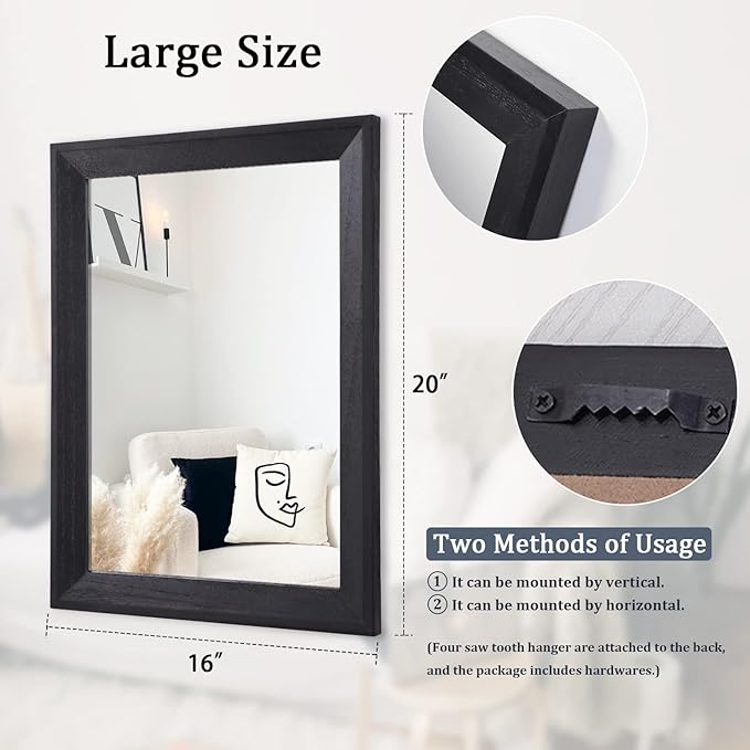AAZZKANG Black Mirrors for Wall Rectangle Wood Framed Large 20"x16" Decorative Wall Mirror for Bedroom Bathroom Living Room Dressing Room Entryway
