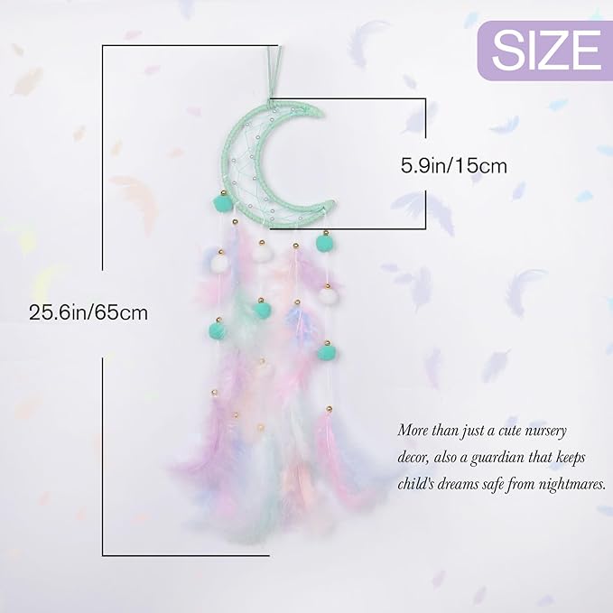 Pretty Jolly Green Moon Kids Dream Catcher Wall Decor Pompom Feather Baby Dreamcatcher Handmade Children Dream Catcher Home Décor Wall Hanging for Nursery Bedroom Boys Girls Birthday Gift-25.6in