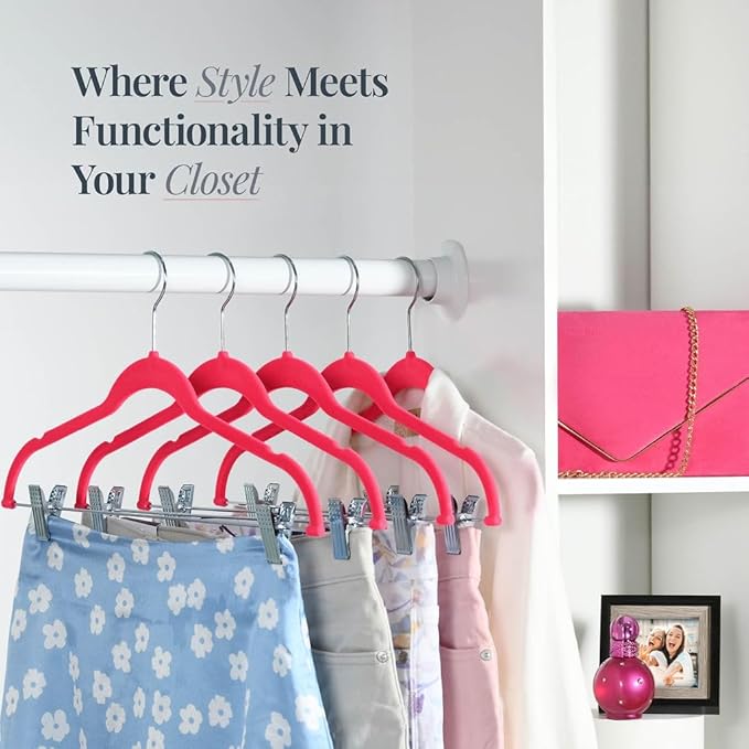 Home-it 10 Pack Clothes Hangers with Clips Pink Velvet Hangers use for Skirt Hangers Clothes Hanger Pants Hangers Ultra Thin No Slip