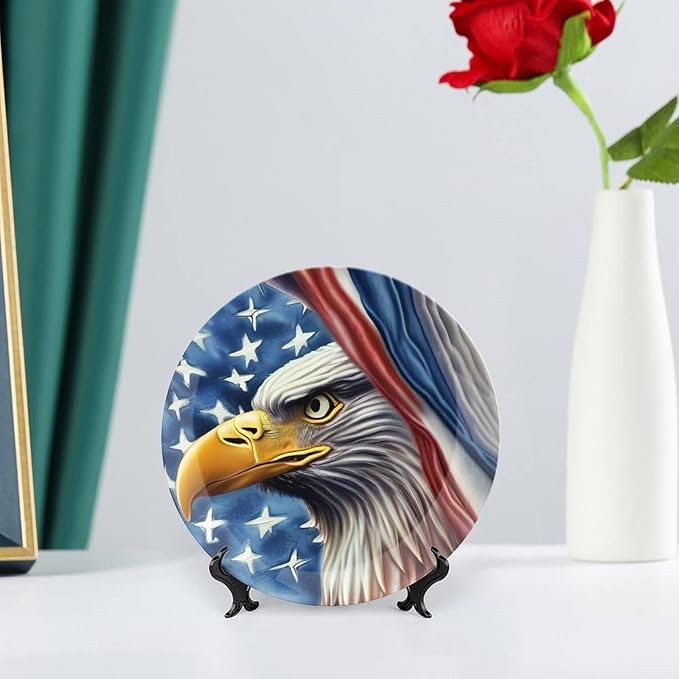 Decorative Plates for Home Decor, Eagle and American Flag Patriotic Decor Tray for Table Display, Ceramic Dinner Plate w/Stand, Living Room Dining Room Decor, Housewarming Gifts, 6 Inch