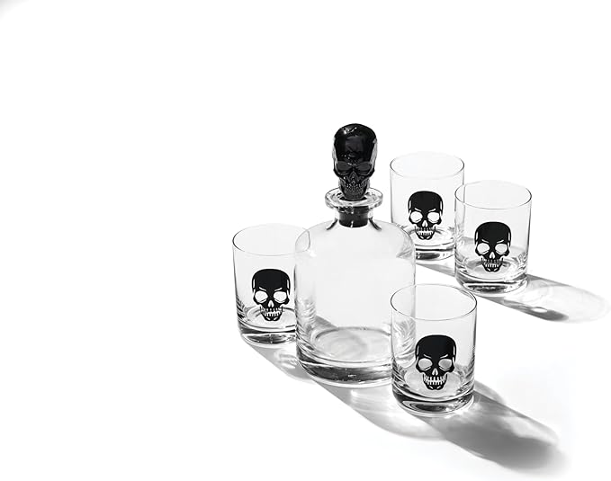 Oneida Barware, 5-Piece Skeleton Whiskey Set, 4 Drinking Glasses & 1 Decanter, Dishwasher Safe, Halloween Decor Indoor, Halloween Table Decorations for Party, Skeleton Themed (4 Glasses, 1 Decanter)