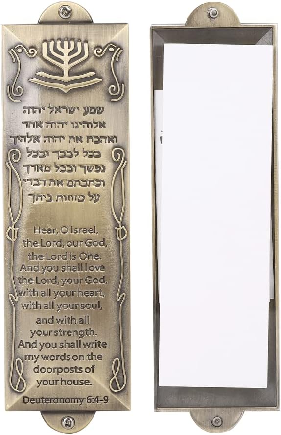 BRTAGG Mezuzah Case with Double Sided Tape, 5.5" Tall, English & Hebrew Scripture, Bronze, Easy Peel and Stick Mezuzah Cover Jewish Gifts (for 4 Inches Scroll)