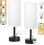 Fenmzee White Bedside Table Lamps Set of 2-3 Color Temperatures Pull Chain Lamp with AC Outlet Charging Port, Round Night Stand Lamps for Bedroom Office, Small Bed Side Light with E26 LED Bulbs