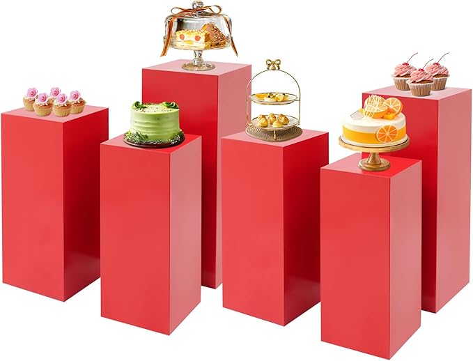 6 PCS Display Pedestal Stand, Metal Display Pedestal Stands Decoration Cube Sculpture Displays Column Square Displays Stands Pillars for Wedding Party Baby Shower Birthday (Red, 6PCS)
