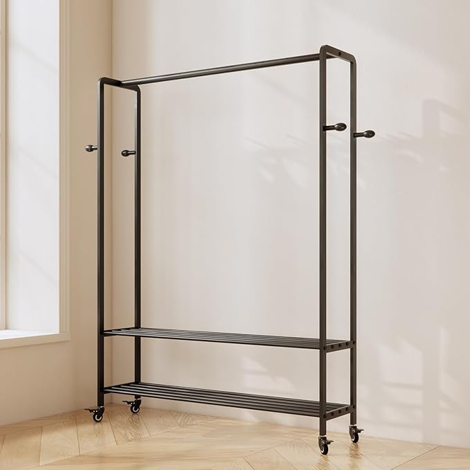 Black Rolling Garment Rack with Shelves and Hooks,Freestanding Metal Clothing Rack with Wheels,Large Clothes Hanging Rack for Bedroom,Closet, Entryway,Wardrobe,Boutique Display