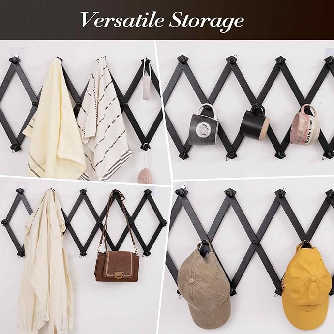 Wall Rack with 20 Hooks, Wooden Wall Expandable Coat Rack for Coat, Hats, Baseball Caps, Coffee Mug, Jewelry(Black)