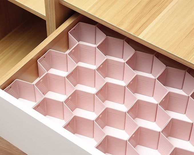 Honeycomb drawer organizer and divider, underwear, socks, tie sorter, office supplies and sundry sorting 32 pieces (Pink)