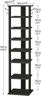 HOOBRO 8 Tiers Vertical Shoe Rack, Wooden Shoe Storage Organizer with Hooks, Narrow Shoe Tower for 8 Pairs, Space Saving, for Entryway, Living Room, Bedroom, Black BK07XJ01