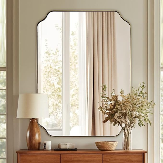 ANDY STAR 36"x48" Large Gold Mirror, Brushed Brass Rectangle Bathroom Mirror, Scalloped Vanity Mirror in Anti-Rust Stainless Steel 1’’ Frame, Unique Notched Corner Mirror, Ideal for Home Remodel