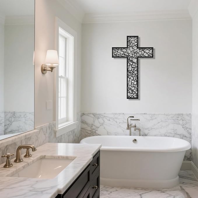 Black Metal Cross Wall Decor Iron Christian Cross for Home Church, Hollow Out Artistic Hanging Ornament, Crosses Wall Decor for Living Room, Bedroom, Decorative Thankful Religious Gift 41.3x27.4 inch