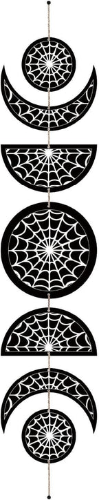 CREATCABIN 7Pcs Spider Web Moon Phase Wall Hanging Halloween Moon Cycle Bohemian Wall Decor Moon Wooden Ornaments Hang Vertical Decorative Gifts for Home Farmhouse Gallery Apartment Bar 37.1x6.3in