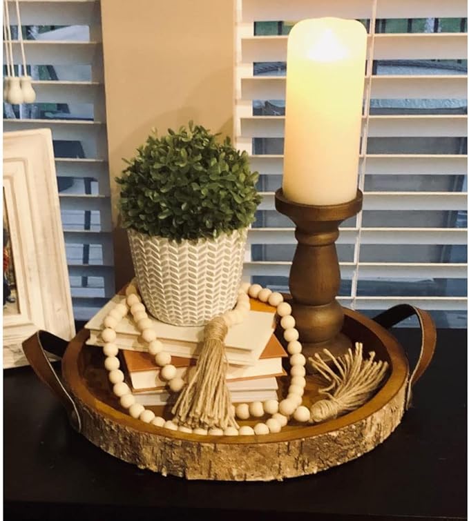 58 Inch Wood Bead Garland with Tassels, Rustic Farmhouse Beads Wall Hanging Prayer Beads