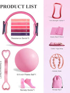 Home Workout Pilates Kit for Women, Better me Pilates Ring and Ball Set Essentials Equipment, with 5 Resistance Bands, Massager Roller, Yoga Starter Accessories for Toning Arms, Thighs & Core