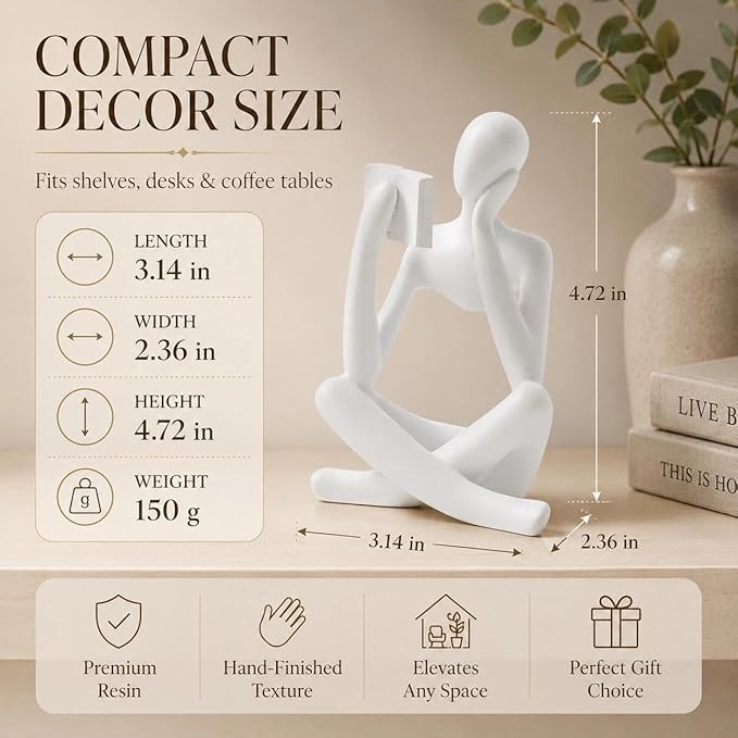 White Bookshelf Decor Thinker Statue, Abstract Reading Figurine Style B, Resin Decorative Bookend for Coffee Table, Shelf, Home Office, Library