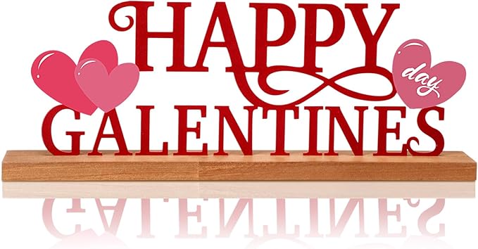 Teenyyou Happy Galentines Day Tabletop Decoration Galentines Day Party Centerpiece Red Pink Glittery Heart Romantic Metal Word Sign with Wooden Base for Valentines Bunting Ladies Photo Props