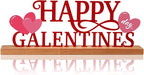 Teenyyou Happy Galentines Day Tabletop Decoration Galentines Day Party Centerpiece Red Pink Glittery Heart Romantic Metal Word Sign with Wooden Base for Valentines Bunting Ladies Photo Props