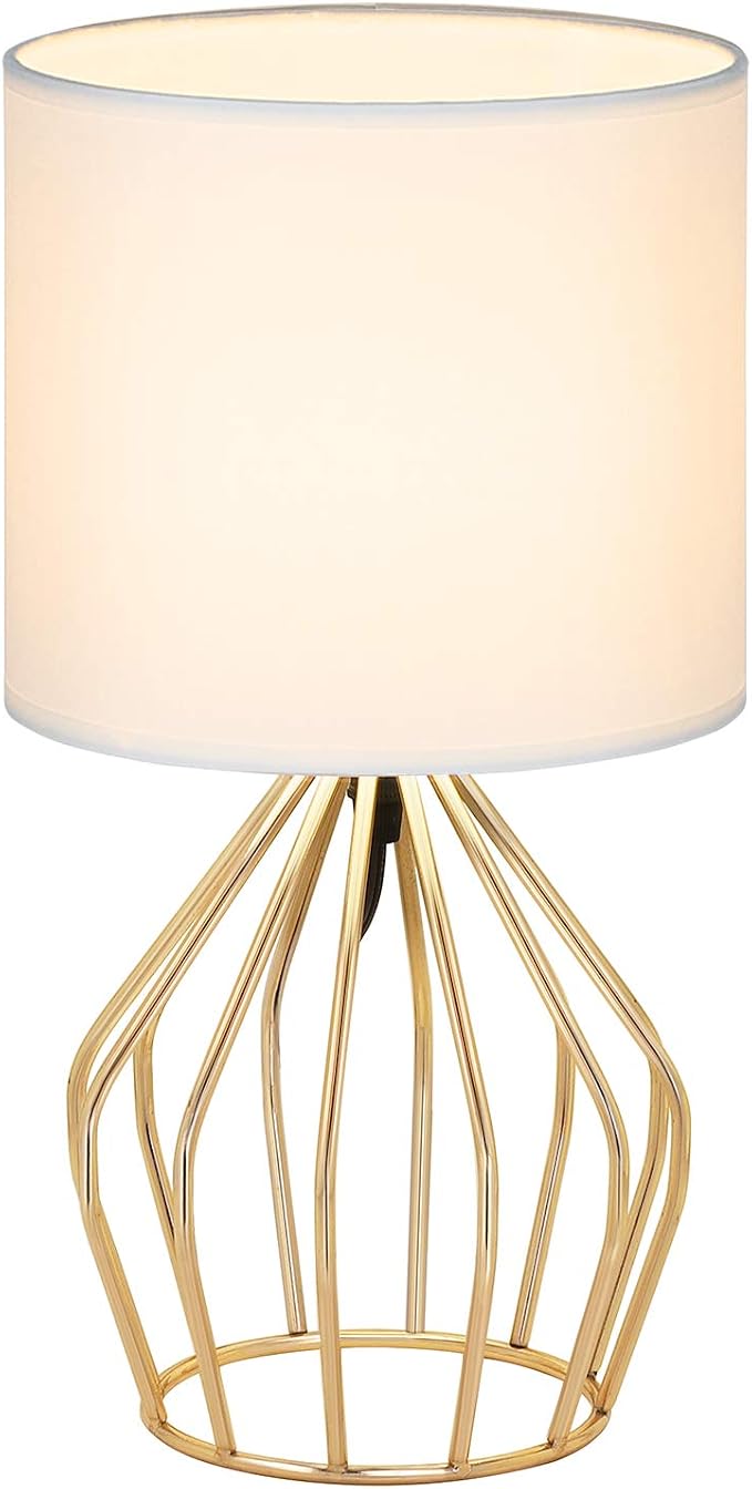 HAITRAL Gold Table Lamp - Modern Style Desk Lamp with Hollowed Out Base Linen Fabric Shade, Small Golden Bedside Lamp for Bedrooms, Living Room