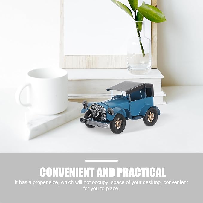 Vintage Iron Car Model - Distressed Metal Blue Car Farmhouse Style Vintage Auto Decor Tabletop Ornaments for Study, Bookshelf & Cave