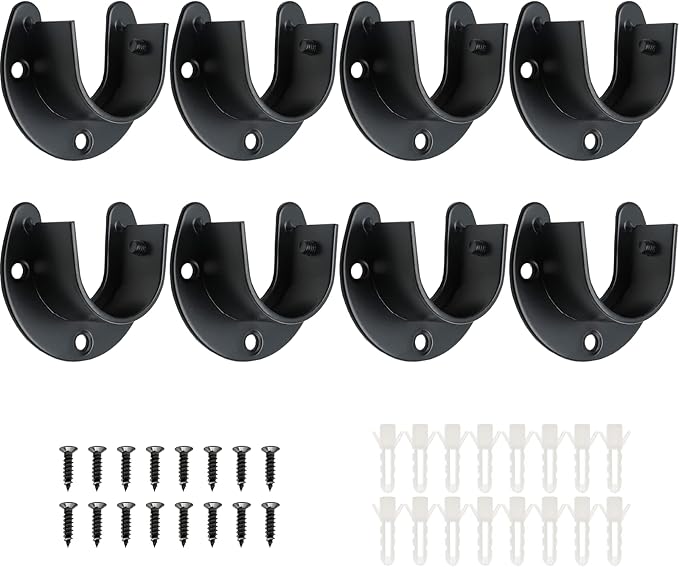 8 Packs Stainless Steel Closet Rod End Supports 1-1/3 Inch Wardrobe Bracket Heavy Duty Closet Pole Sockets Flange Rod Holder, U-Shaped with Screws, Black