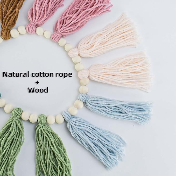 Rainbow Boho Tassel Wall Hanging with Wood Beads - Colorful Pastel Tassel Garland for Kids Room, Classroom, Bedroom, Nursery Home Decoration