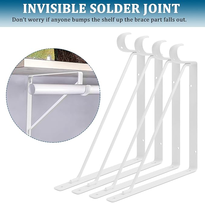 4PCS Heavy Duty White Closet Rod Brackets 11 x 11 Inch,1-3/8Inch Diameter Shelf and Rod Bracket Holder for Home and Closet Decor, Wall Mount Closet Pole Supports Bracket Hook with Screws