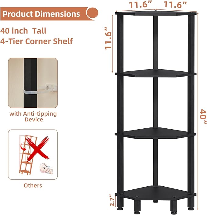 YUFAM 4-Tier Corner Shelf with Sturdy 5-Leg Base, Wooden Corner Bookshelf for Small Spaces, Corner Standing Shelf for Living Room, Bedroom, Office, Black