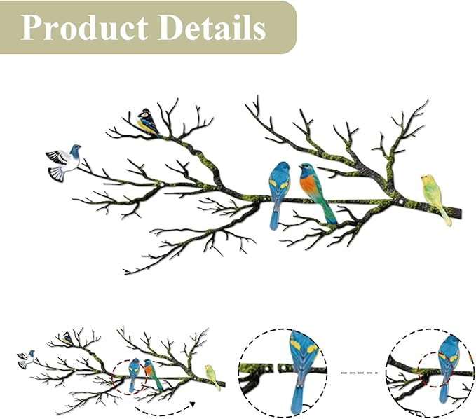 ESTART Metal Birds Wall Art, Metal Vivid Birds on Branch Silhouette Wall Decor Black Leaves with Bird Outdoor Hanging Wall Sculpture for Home Balcony Garden (Bright Color, Large)