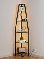 Furnulem 5 Tier Corner Shelf with LED Light, 67.2” Tall Standing Shelf for Wall Corner, Narrow Bookshelf Ladder Shelf for Bedroom, Living Room, Plant, Wood Storage Rack, Metal Frame (Black Oak)