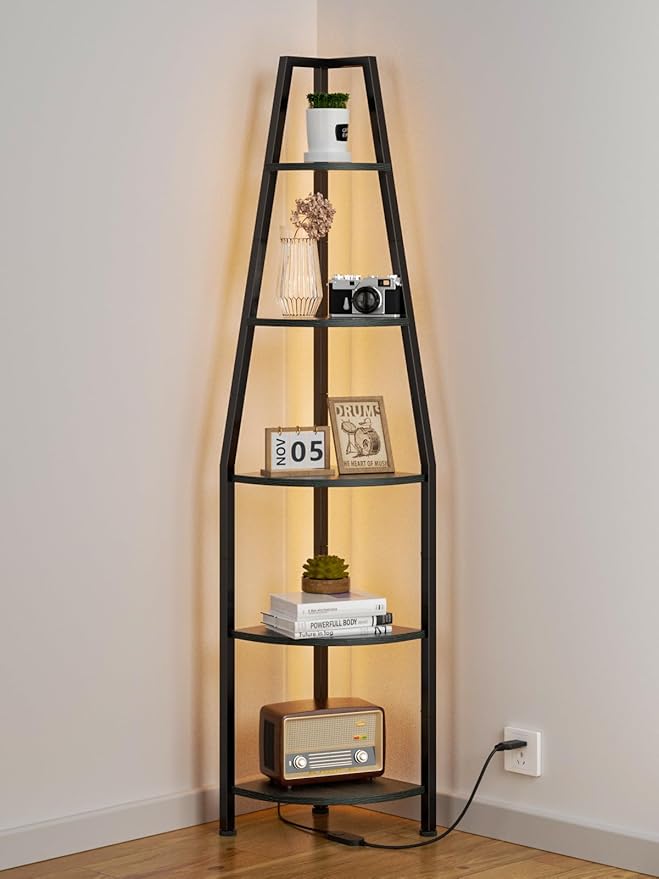 Furnulem 5 Tier Corner Shelf with LED Light, 67.2” Tall Standing Shelf for Wall Corner, Narrow Bookshelf Ladder Shelf for Bedroom, Living Room, Plant, Wood Storage Rack, Metal Frame (Black Oak)