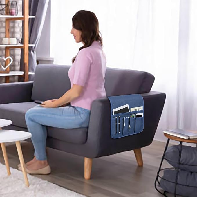 NB Remote Control Holder，Bedside & Armchair & Couch Caddy with Non-Slip Base，5 Pockets Oxford Fabric Bed Desk Storage Pocket for Phone Tablet Kindle Magazines，Gifts for Seniors (Blue， 35"X12.4")