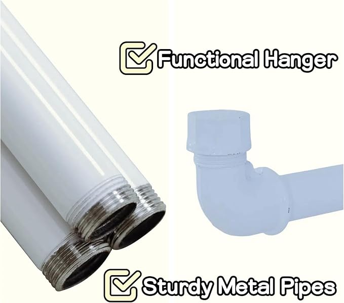 Industrial Wall Pipe Clothing Racks - Heavy Duty Metal Clothes Hanger with Hook, Wall-Mounted Garment Holder Racks,Wall Clothing Bar/Coat Hanging Rail/Hanging Rod for Closet Storage, 2 Pack, White