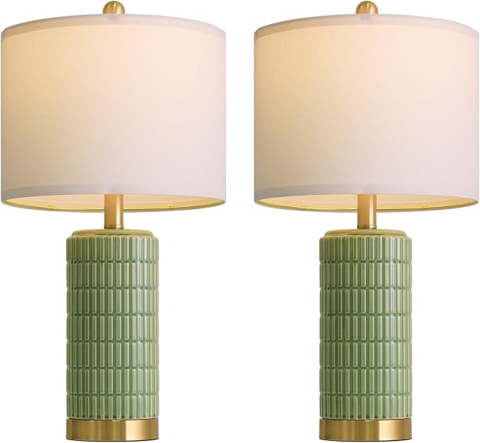 PoKat Bedside Table Lamps Set of 2 for Living Room with 2 USB Ports, 21.5'' Small Modern Nightstand Lamps for Bedroom, Ceramic Side Table Lamps with Gold Base for Office Entryway Decor Gift (Green)