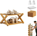 The 2-Tier No-Assembly Bamboo Rack, Bamboo Shoe Rack, Foldable Shoe Rack, Space Saving Collapsible Shelves for Entryway, Closet, Bathroom, Bamboo Shoe Rack, Foldable Shoe Rack (Wood, 2Tier)