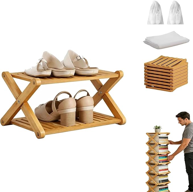 The 2-Tier No-Assembly Bamboo Rack, Bamboo Shoe Rack, Foldable Shoe Rack, Space Saving Collapsible Shelves for Entryway, Closet, Bathroom, Bamboo Shoe Rack, Foldable Shoe Rack (Wood, 2Tier)