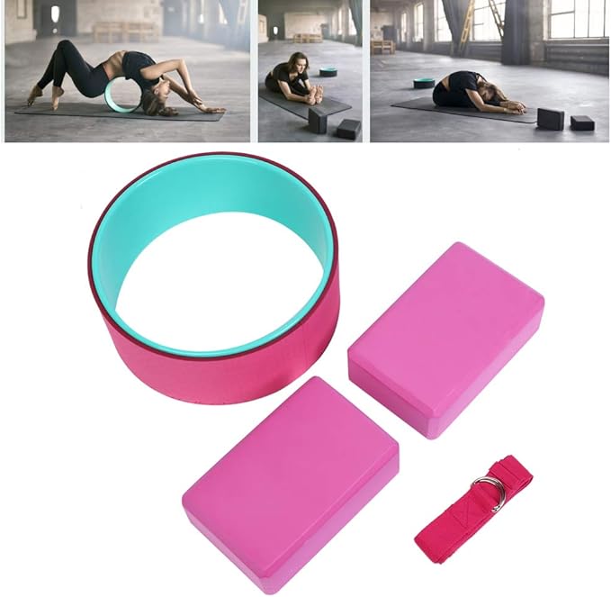 Yoga Wheel Set, 4 in 1 Yoga Wheel Yoga Block Yoga Stretch Belt Strap,Perfect Yoga Accessory for Stretching Massage and Improving Backbends Back Pain, Yoga Starter Kit for Beginner