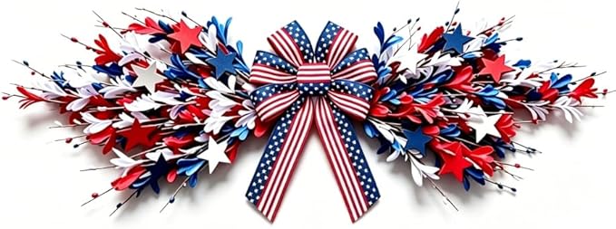 4th of July Patriotic Swag Red White and Blue Memorial Day Front Door Floral Twigs Swag with Forsythia Flowers Stars Independence Day 250th Anniversary Veterans Day Decor for Arch Wall Home Decor
